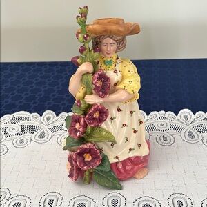 Blue Sky clay works 18 carrots Laura Kelly Holly Hock Lady Vase 11 inch